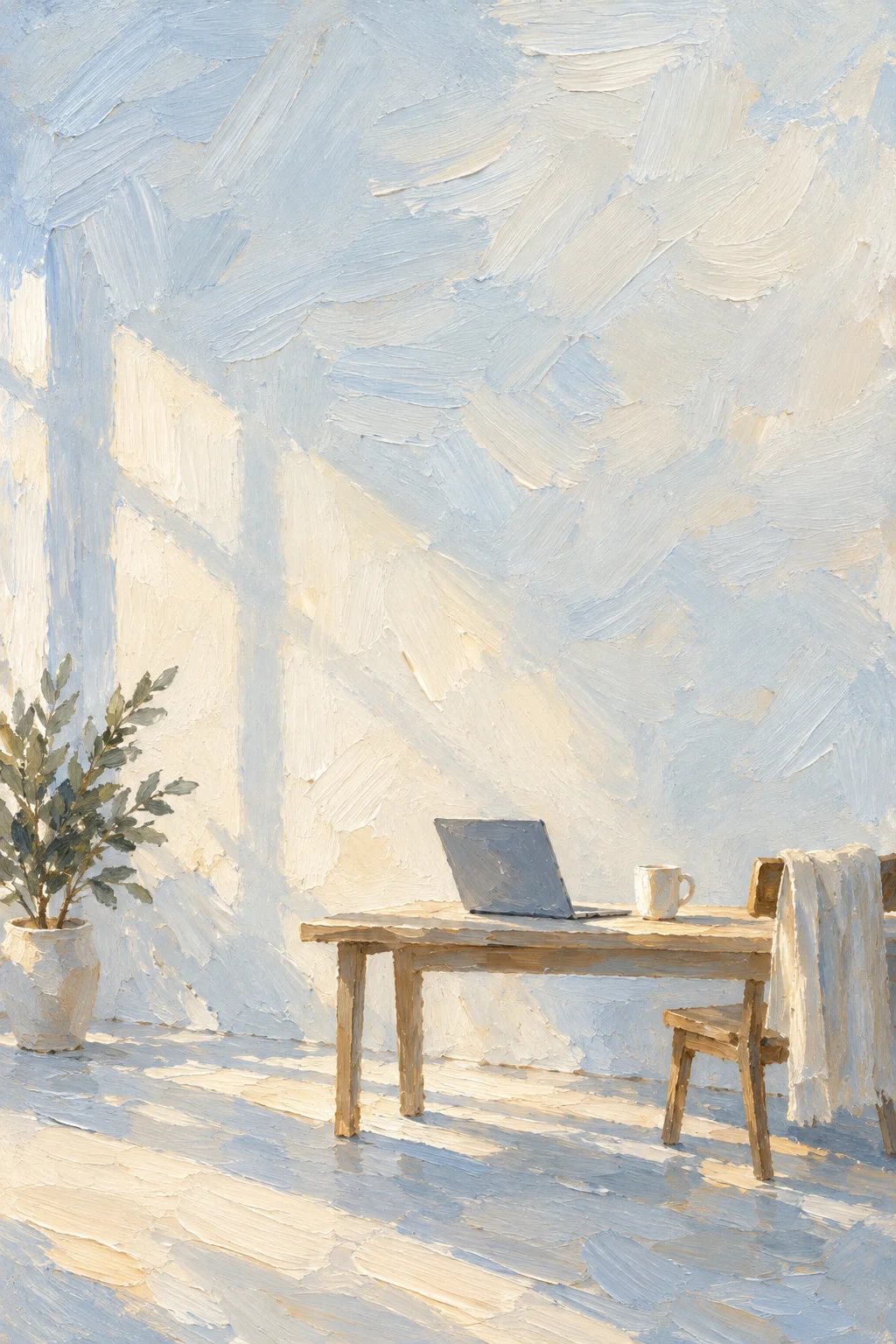 An oil painting of a wooden desk with a laptop and a mug, in blue morning shadows and warm window light.