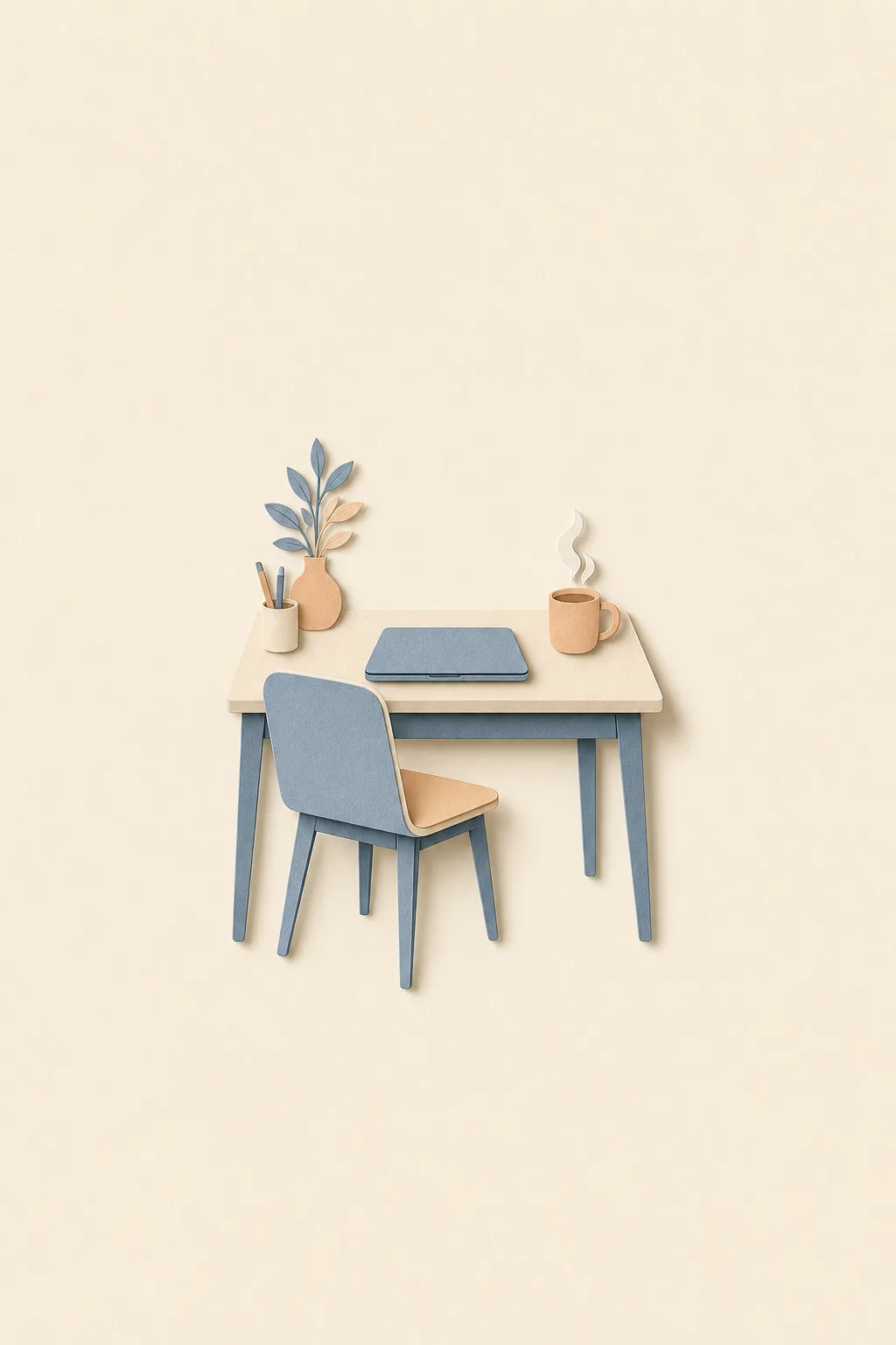 A cut-paper desk with an empty chair pulled up and a steaming mug — a colleague already at work — in a soft dawn palette of dusty blue and apricot on cream.
