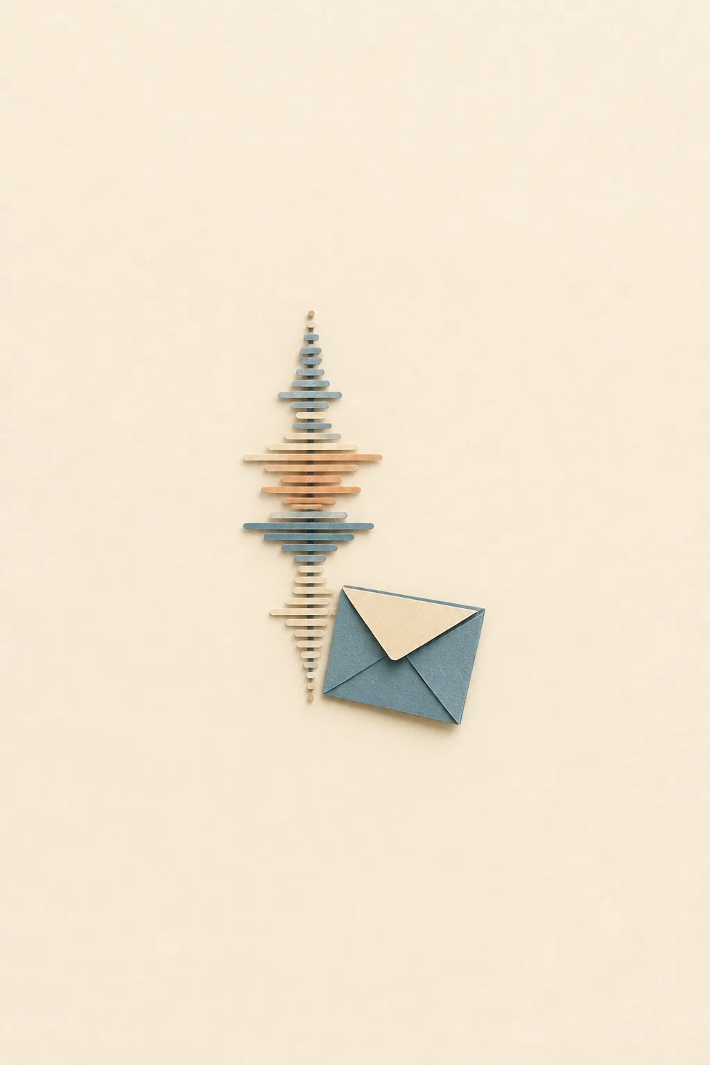 A cut-paper letter at rest beside a sound waveform rising from it, in a soft dawn palette of dusty blue and apricot on cream.