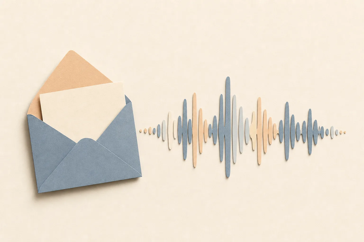 A cut-paper letter at rest beside a sound waveform rising from it, in a soft dawn palette of dusty blue and apricot on cream.