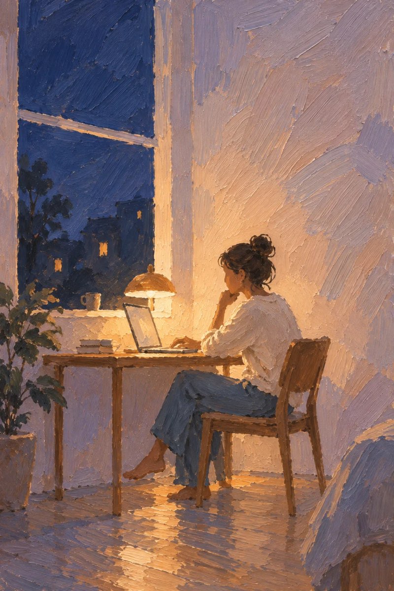 Oil painting of a woman working on a laptop at a desk in the evening