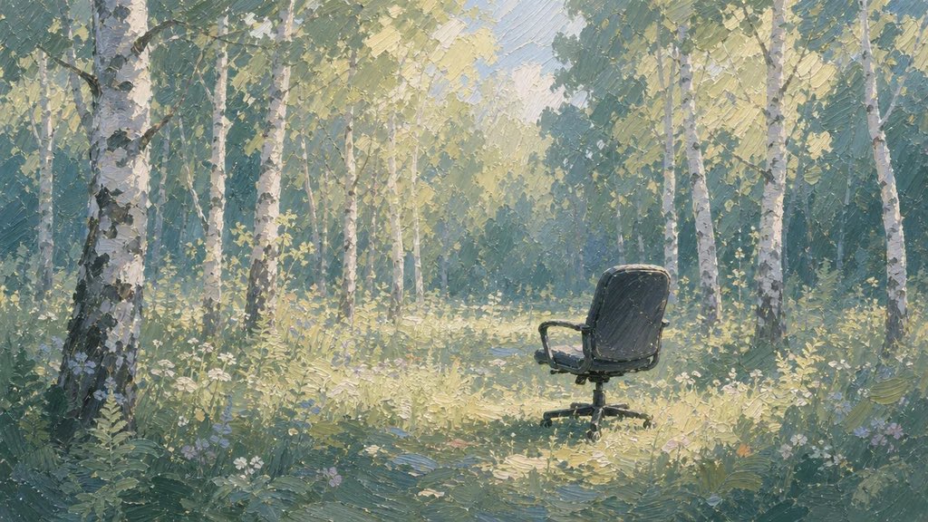 Oil painting of an empty office chair standing alone in a sunlit birch forest