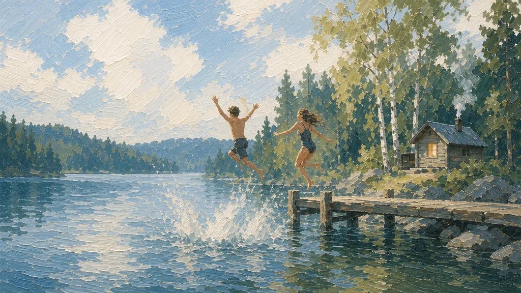 Oil painting of two people jumping off a wooden dock into a cold blue lake, a small sauna on the shore