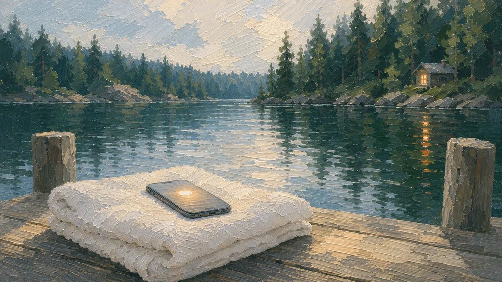 Oil painting of a phone glowing on a folded white towel at the end of a wooden dock