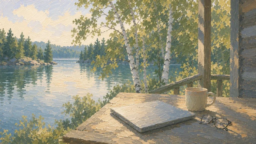 Oil painting of a closed laptop and a coffee cup on a cabin porch table above a lake