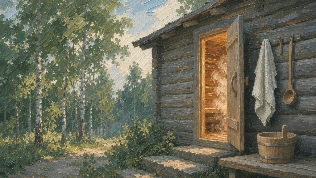 Oil painting of a white towel and a wooden ladle hanging beside the open door of a small sauna