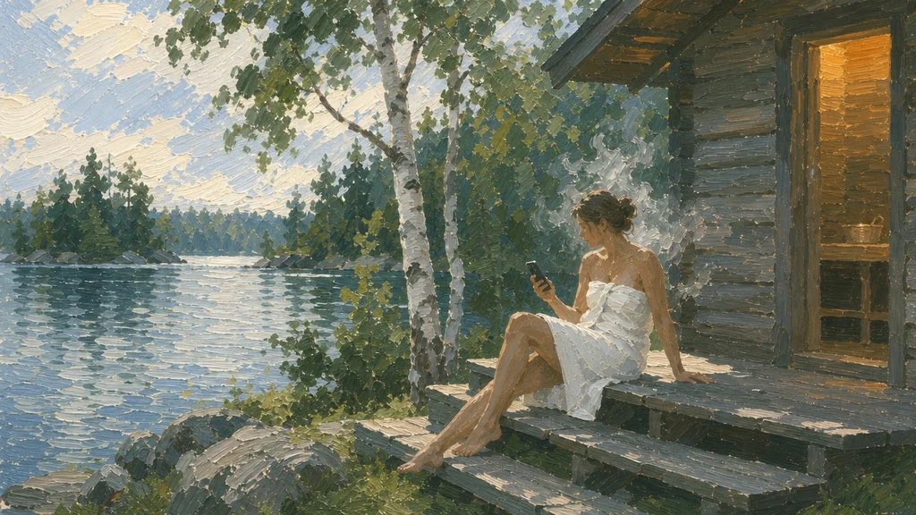 Oil painting of a person in a towel on the steps of a lakeside sauna, looking at a phone