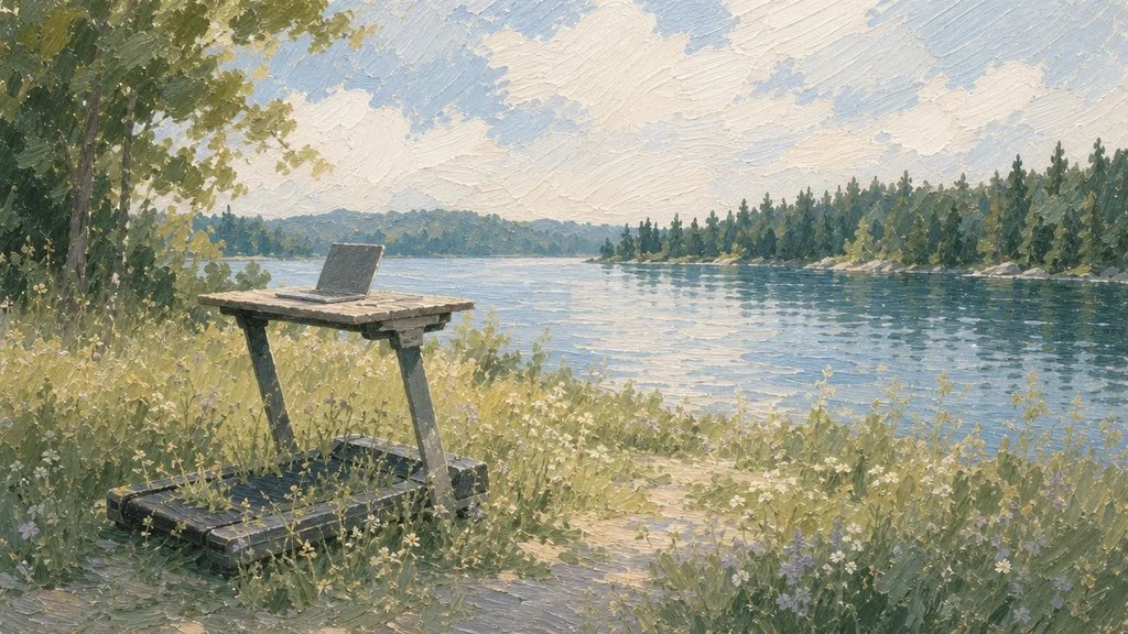 Oil painting of a treadmill desk with a closed laptop, left in a meadow above a lake