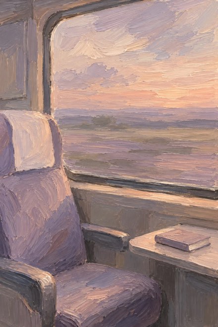 Oil painting of an empty train seat by a window, the sea at dusk outside