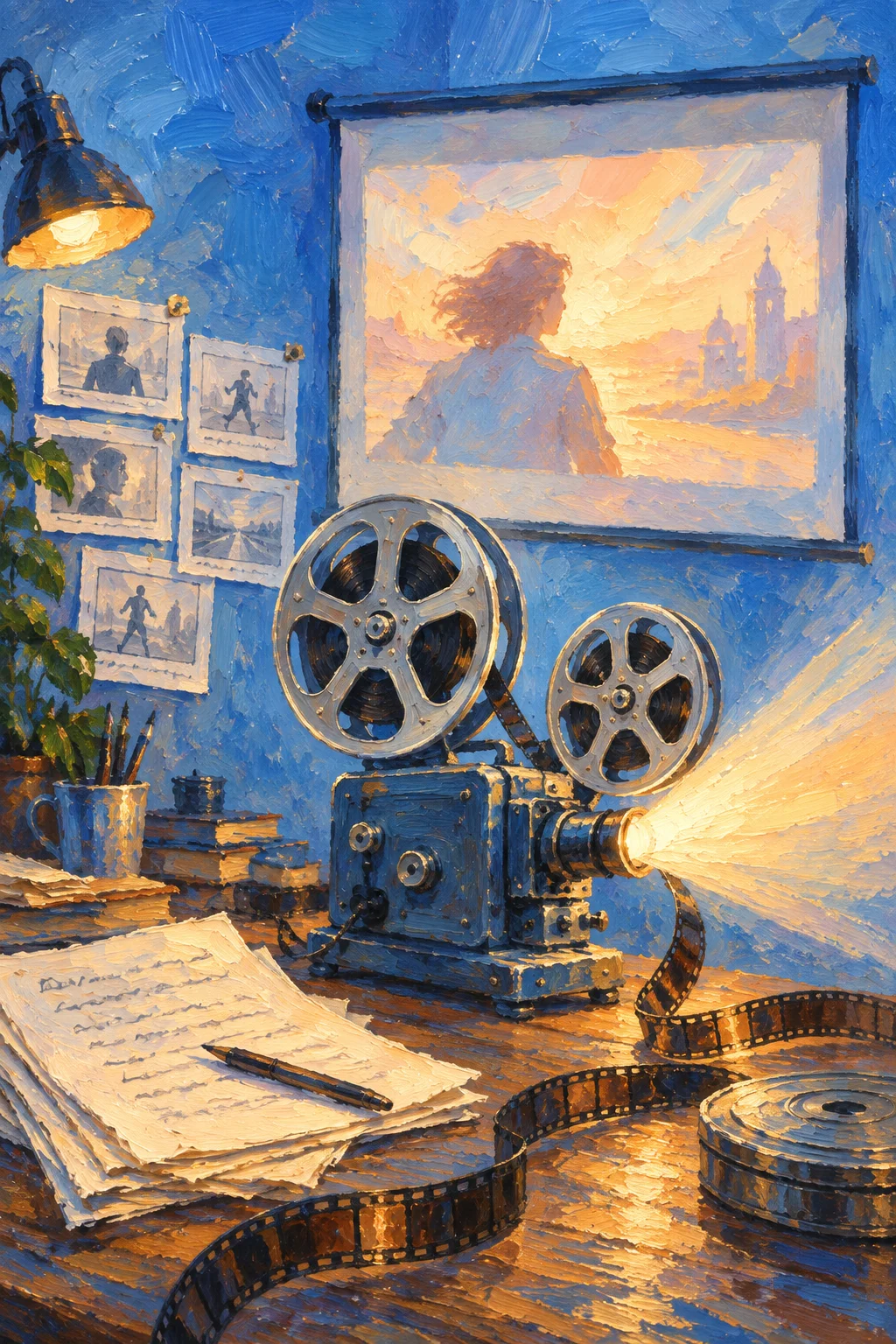 An oil painting of a blue filmmaking studio with script pages, storyboard frames, and a film projector casting warm golden light.