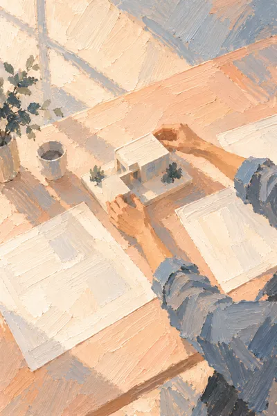 Oil painting: The architect’s table, with broad visible brushstrokes and softly layered colour.