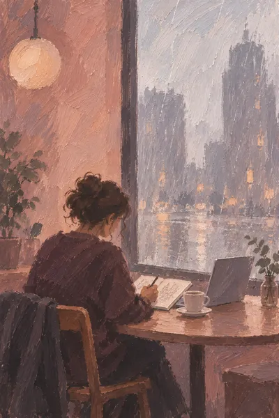Oil painting: cafe work, with broad visible brushstrokes and softly layered colour.
