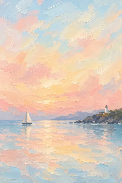 Oil painting: coastal sailing, with broad visible brushstrokes and softly layered colour.
