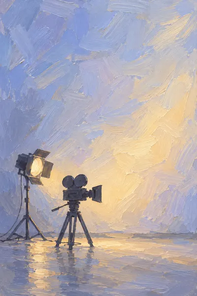 Oil painting: film studio, with broad visible brushstrokes and softly layered colour.