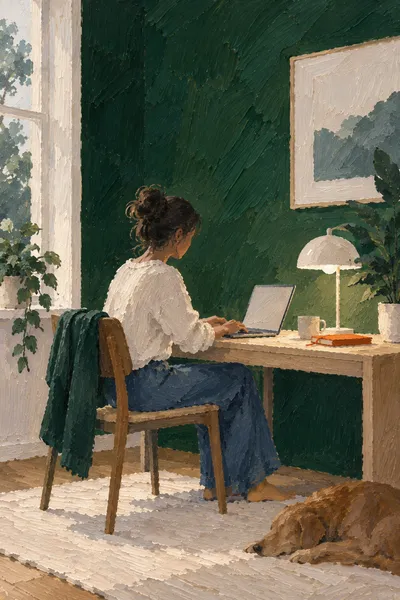 Oil painting: Forest green office, with broad visible brushstrokes and softly layered colour.