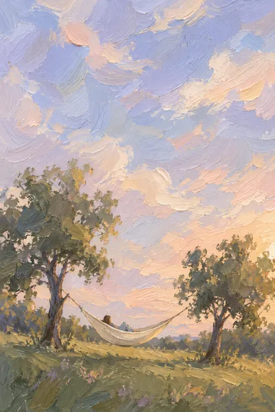 Oil painting: hammock, with broad visible brushstrokes and softly layered colour.