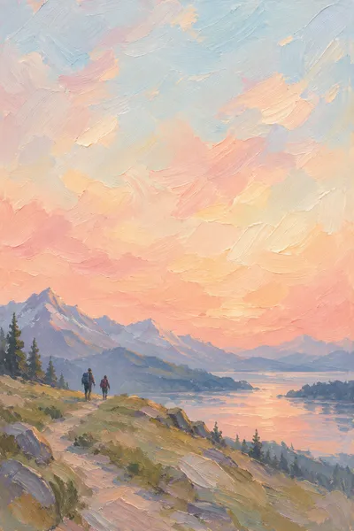 Oil painting: hikers, with broad visible brushstrokes and softly layered colour.
