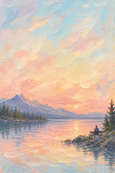 Oil painting: lakeside bench, with broad visible brushstrokes and softly layered colour.