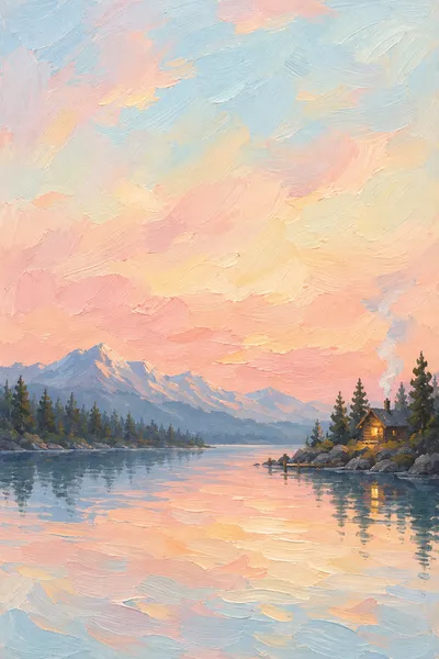 Oil painting: lakeside cabin, with broad visible brushstrokes and softly layered colour.