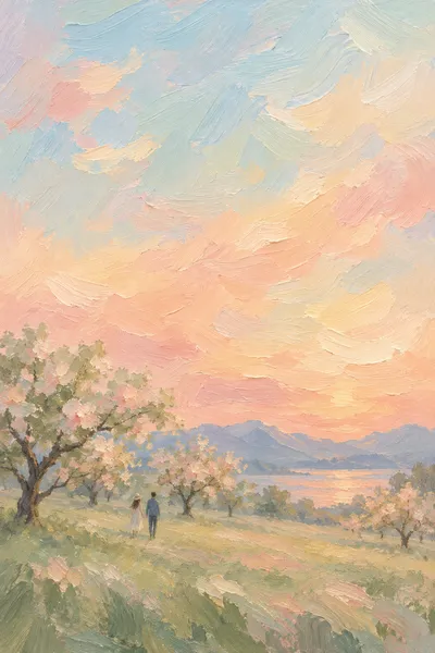 Oil painting: orchard, with broad visible brushstrokes and softly layered colour.