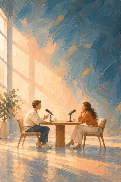 Oil painting: podcast conversation, with broad visible brushstrokes and softly layered colour.