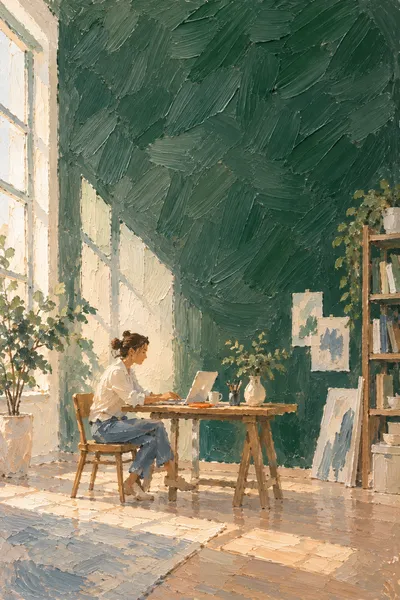 Oil painting: Quiet studio, with broad visible brushstrokes and softly layered colour.
