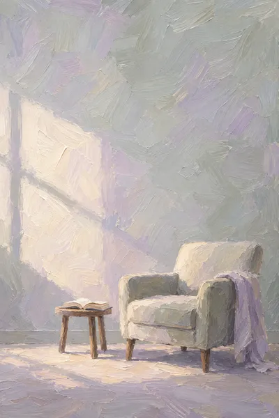 Oil painting: reading room, with broad visible brushstrokes and softly layered colour.