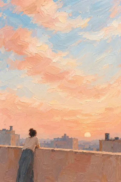 Oil painting: rooftop, with broad visible brushstrokes and softly layered colour.