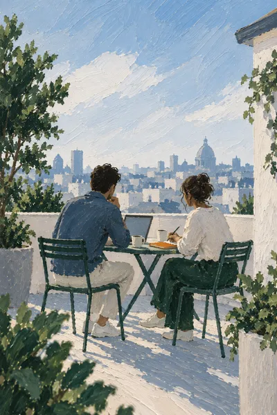 Oil painting: rooftop work, with broad visible brushstrokes and softly layered colour.