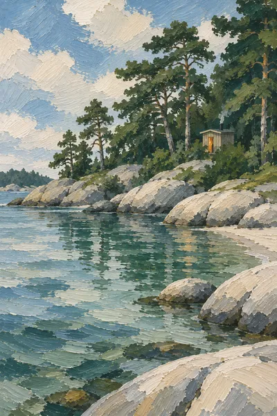 Oil painting: sauna coastal cove, with broad visible brushstrokes and softly layered colour.
