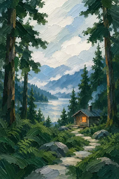 Oil painting: Through the ferns, with broad visible brushstrokes and softly layered colour.