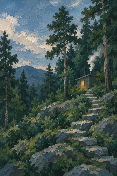 Oil painting: sauna hillside dusk, with broad visible brushstrokes and softly layered colour.