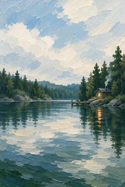 Oil painting: sauna lake edge, with broad visible brushstrokes and softly layered colour.