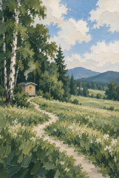 Oil painting: sauna meadow edge, with broad visible brushstrokes and softly layered colour.