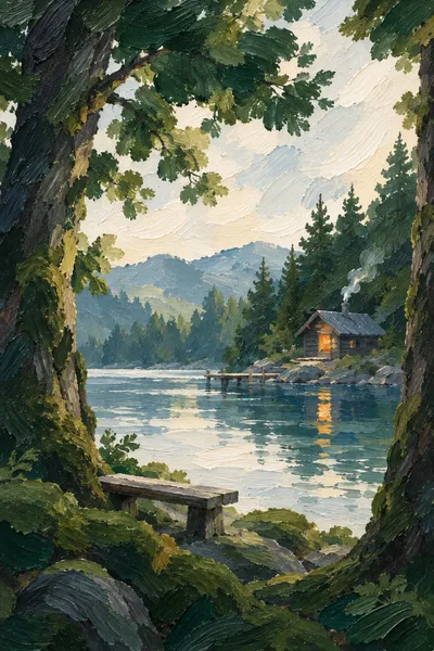 Oil painting: A quiet place to sit, with broad visible brushstrokes and softly layered colour.