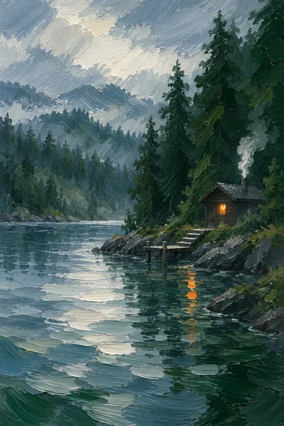 Oil painting: sauna rainy retreat, with broad visible brushstrokes and softly layered colour.
