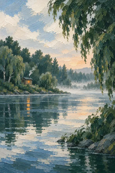 Oil painting: sauna river dawn, with broad visible brushstrokes and softly layered colour.