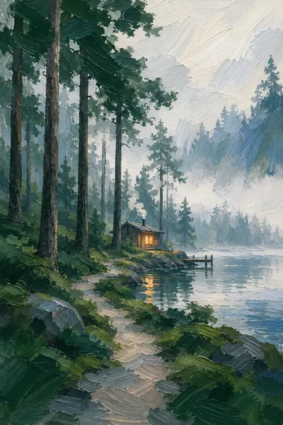 Oil painting: sauna silent path, with broad visible brushstrokes and softly layered colour.