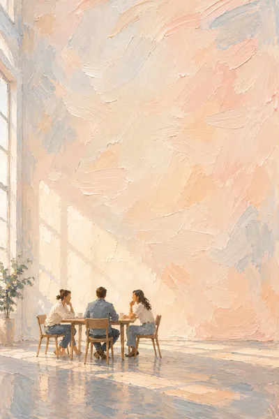 Oil painting: team studio, with broad visible brushstrokes and softly layered colour.