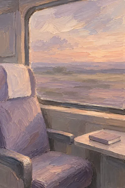 Oil painting: train journey, with broad visible brushstrokes and softly layered colour.