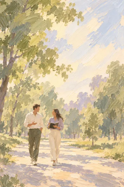 Oil painting: walking meeting, with broad visible brushstrokes and softly layered colour.