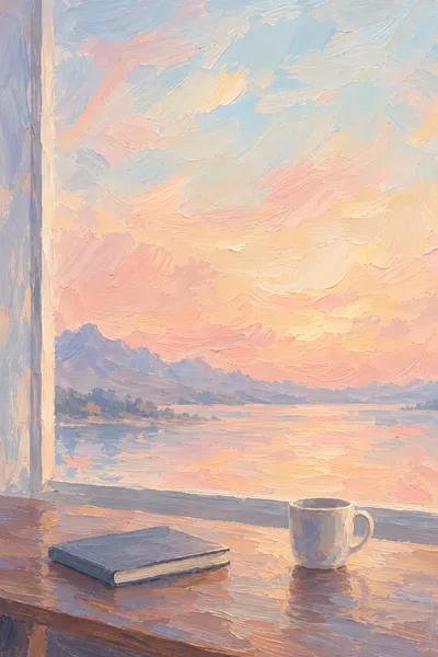 Oil painting: window notebook, with broad visible brushstrokes and softly layered colour.