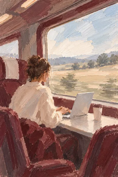 Oil painting: working on train, with broad visible brushstrokes and softly layered colour.