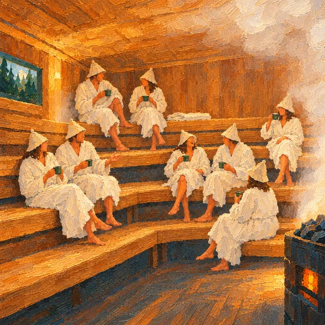 Sauna w połowie pełna: kilkanaście osób rozmawia przy herbacie.