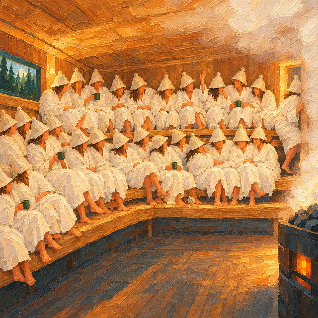 Pełna sauna: ludzie siedzą ramię w ramię na wszystkich ławach.