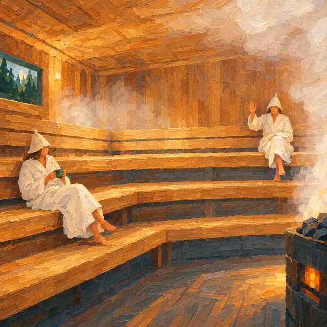 Prawie pusta sauna: dwie osoby w szlafrokach na długich ławach.